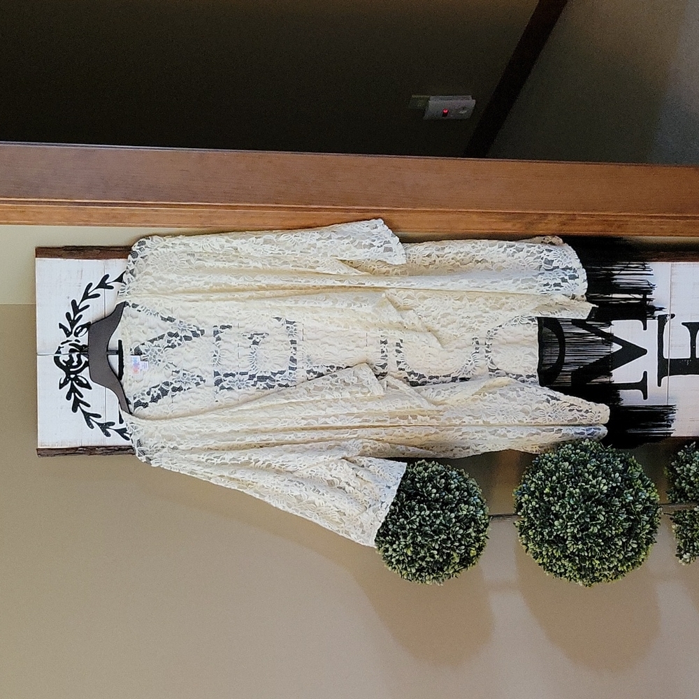 LuLaRoe Stretchy Cream Lace Kimono with Black Fringe